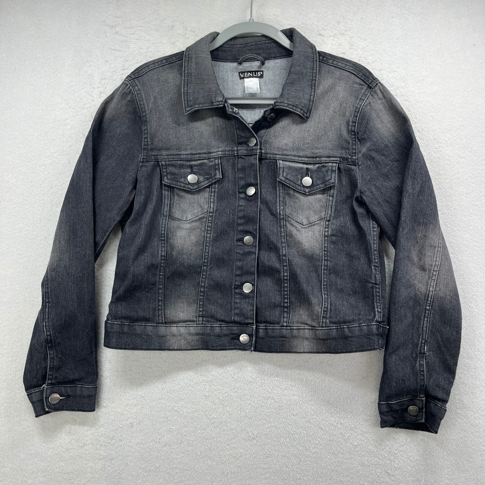 Venus Denim Jacket Womens 12 Black Gray Stretch Crop Trucker Sequin Angel Wings